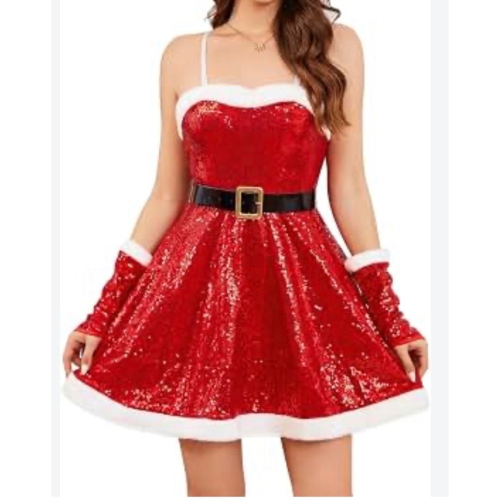 Avidlove Womens Red Sequin Mrs Claus Christmas Costume Dress Set XXL New